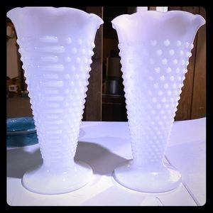 Set of two vintage hobnail milk glass vases